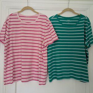 2 Gap Organic Cotton Vintage Striped Short-sleeved T-shirts Green/Pink Women XL